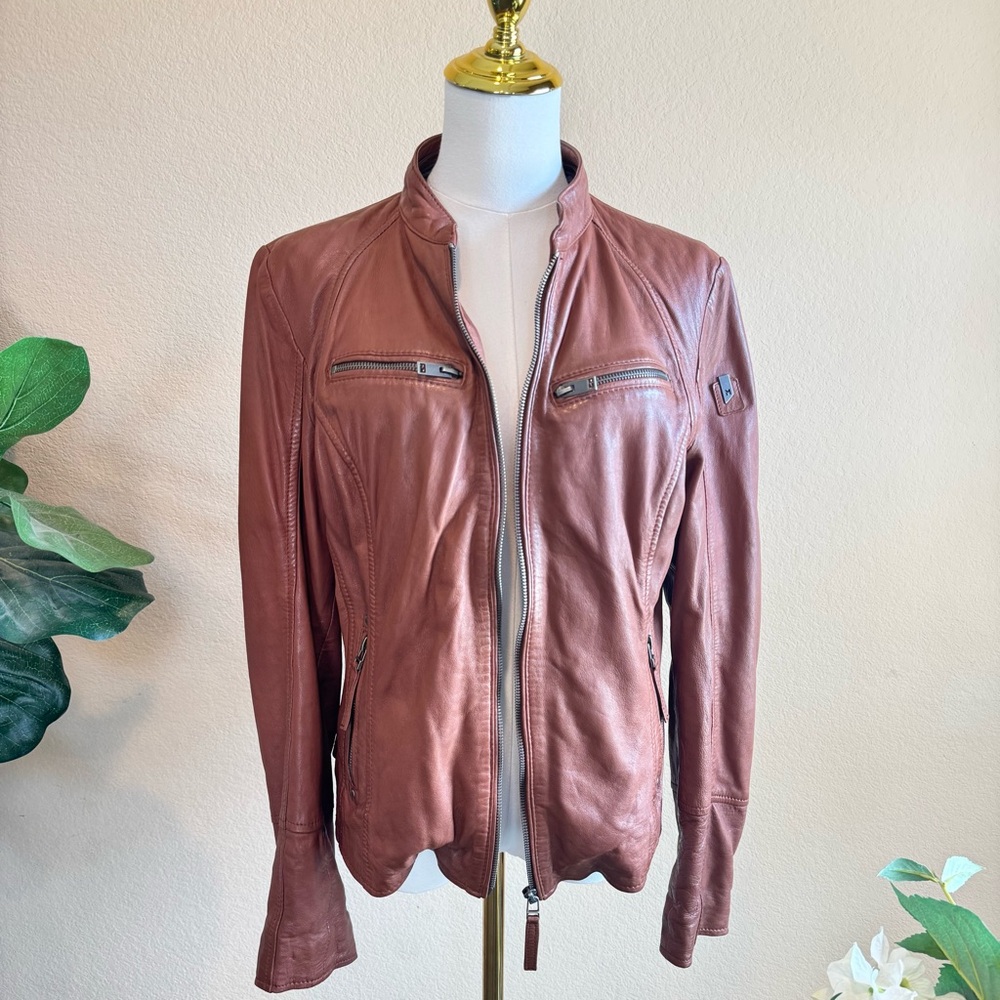 Mauritius Cognac Lamb Leather Moto Jacket Women’s XL Removable Gray Hood - Picture 2 of 16